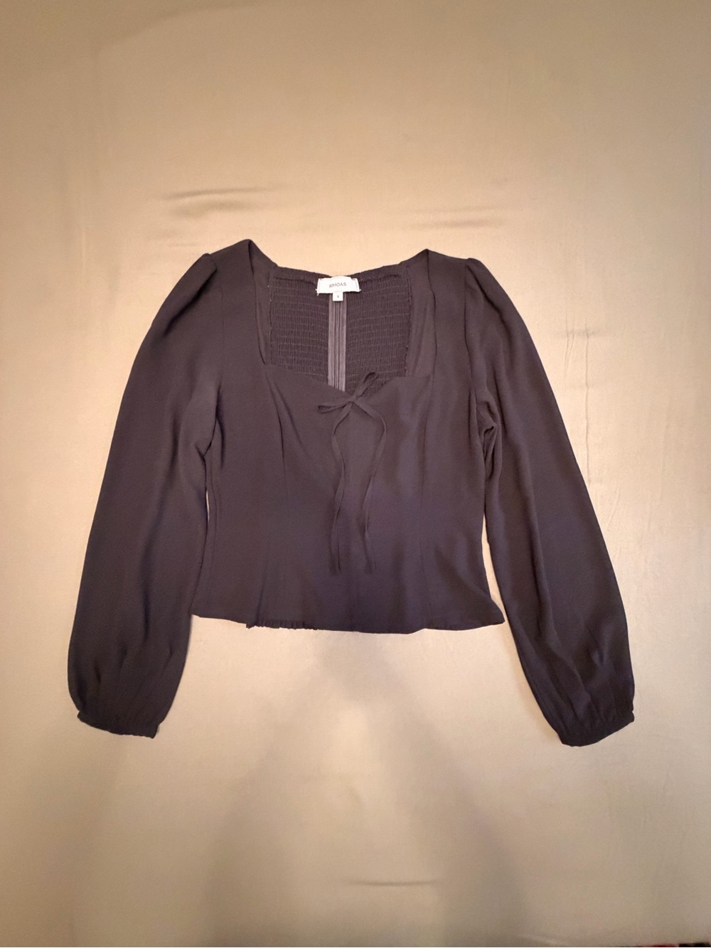 RIHOAS Black Sweetheart Sheer Long Sleeve Tie-Front Blouse